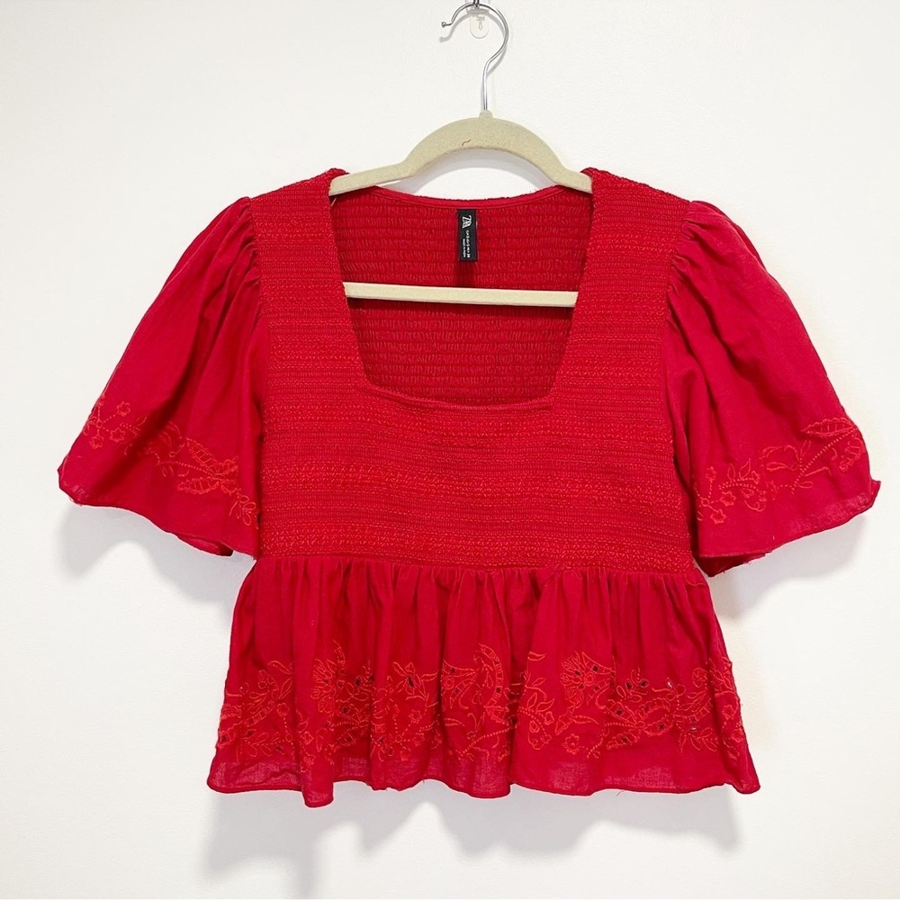 Red Squared neck peplum top from zara.